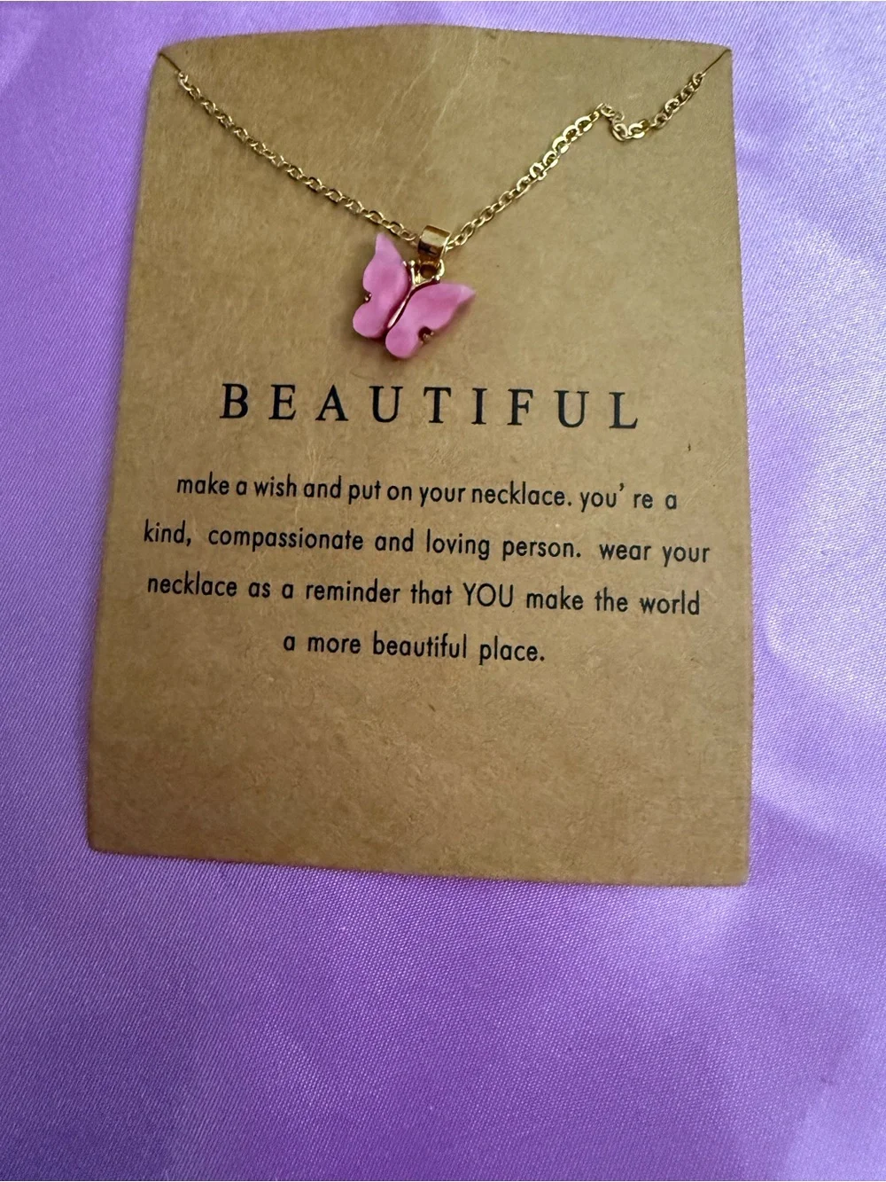 Beautiful Pink Butterfly Pendant Necklace - Gold Chain
